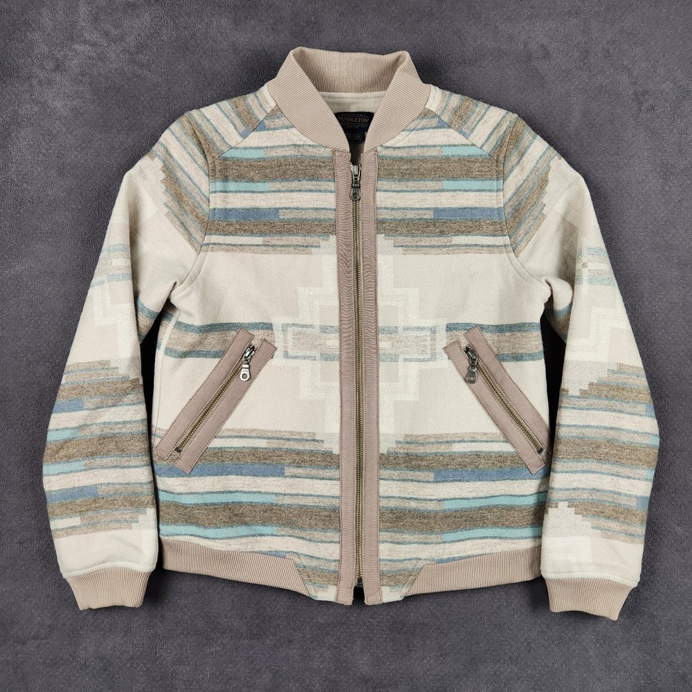 Pendleton Santa Clara Jacquard Wool Bomber Jacket Womens Small Cream Blue - Picture 1 of 10